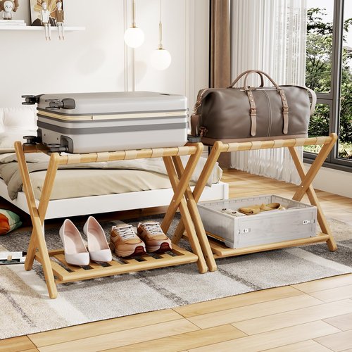Oakvora Full Assembled Luggage Rack for Guest Room, Set of 2 Foldable Suitcase Stand with 5 Nylon Straps, Luggage Holder with Shoe Shelf for Suitcases Hotel (Natural Wood Bamboo Luggage Stands)