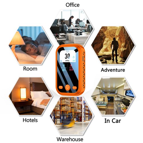 HAKINAKU [3-in-1] Carbon Monoxide Detector Portable Mini Air Quality Monitor with Lanyard Alarm CO Meter Temperature Humidity Sensor Built-in 1000mAh Battery, Indoor/Outdoor (Orange)