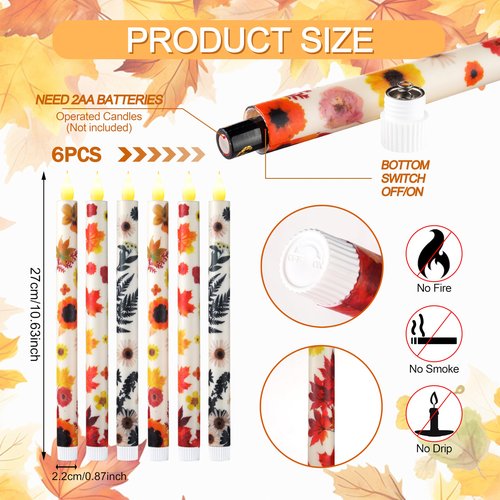 6PCS Flameless LED Taper Candles - Fall Maple Leaf Decor, Fall Decorative Candles with Wax Coating and Autumn Floral Prints Perfect for Table, Party, Banquet, Batteries Required (Not Included)