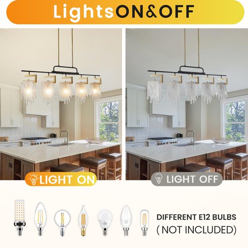 Dining Room Light Fixture/Chandelier Over Table, Modern 5-Light Black and Gold Pendant Lights Kitchen Island, Farmhouse Ceiling Pendant Light Fixtures, Hanging Linear Chandeliers, with Glass Shade