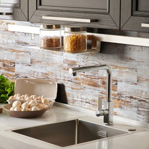 STICKGOO 50-Piece Subway Tile Peel and Stick Backsplash, 4"x 8" Thickened PVC Stick on Tiles for Kitchen, Bathroom, Camper, Fireplace（Yellow Distressed Wood Grain）