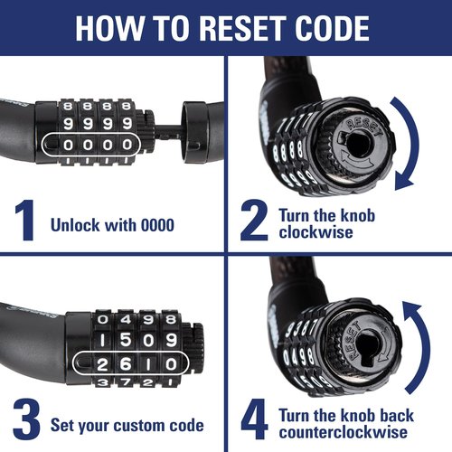 BRINKS 6 ft Outdoor Bike Lock Cable, Thick, Anti Theft Self-Coiling Design, Resettable 4-Dial Combination, Heavy-Duty Steel, 5/16" Weather-Resistant Vinyl Coating for Bikes (5/8" Heavy Duty 1PK, 6FT)