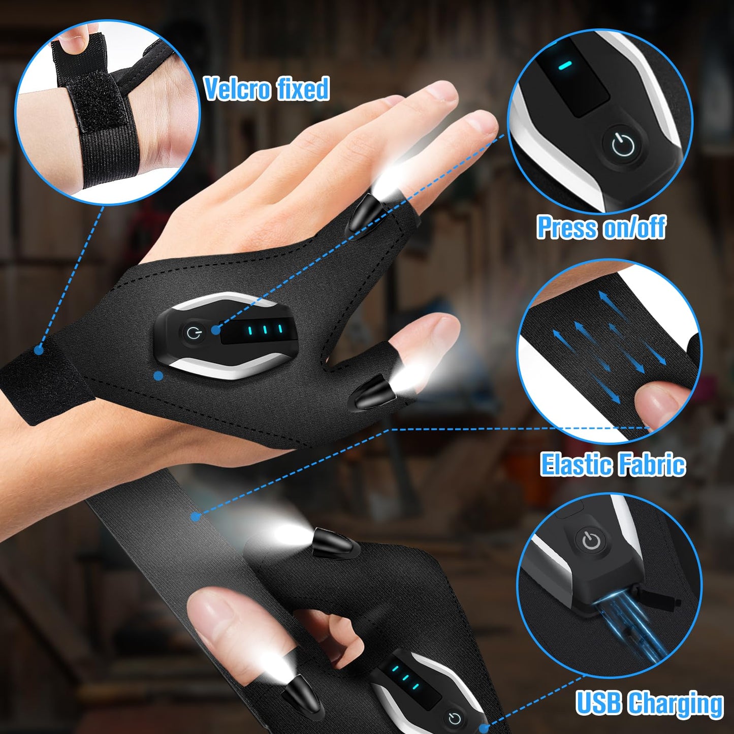 Gifts for Men, LED Flashlight Gloves, Anniversary Birthday Gifts for Men Dad Husband Him Boyfriend Husband, Camping Essentials Cool Gadgets Tools for Fishing Repairing