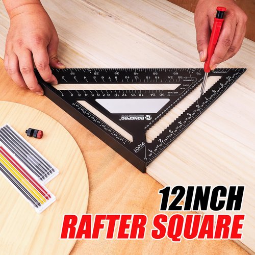 RONGPRO Rafter Square 12 Inch with Woodworking Pencil, Carpenter Measuring Layout Tool, Aluminum Alloy Triangle Carpenter Square for Woodworking- Black, Imperial