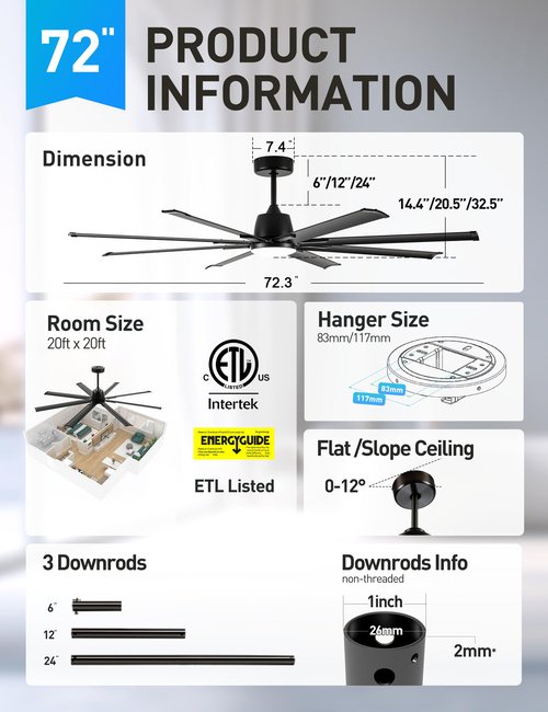 Maxslak 72 Inch Ceiling Fan with Light,Industrial Ceiling Fan with 8 Black Aluminium Blades,Smart Fan Works with Alexa,Garage Outdoor/Indoor Fan for Patio and Living Room