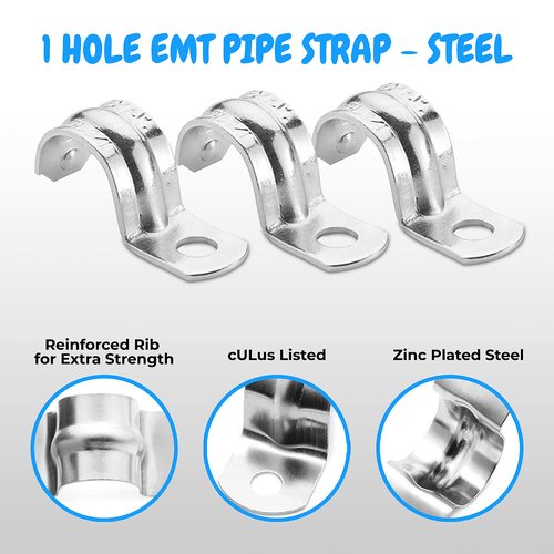 OHLECTRIC Heavy Duty Pipe Strap (100 Pack - ¾ Inch) Zinc-Plated Steel EMT Conduit Clamps - 1 Hole Reinforced Rib Design - Snap-On Installation - Metal Pipe Strap for EMT Conduits