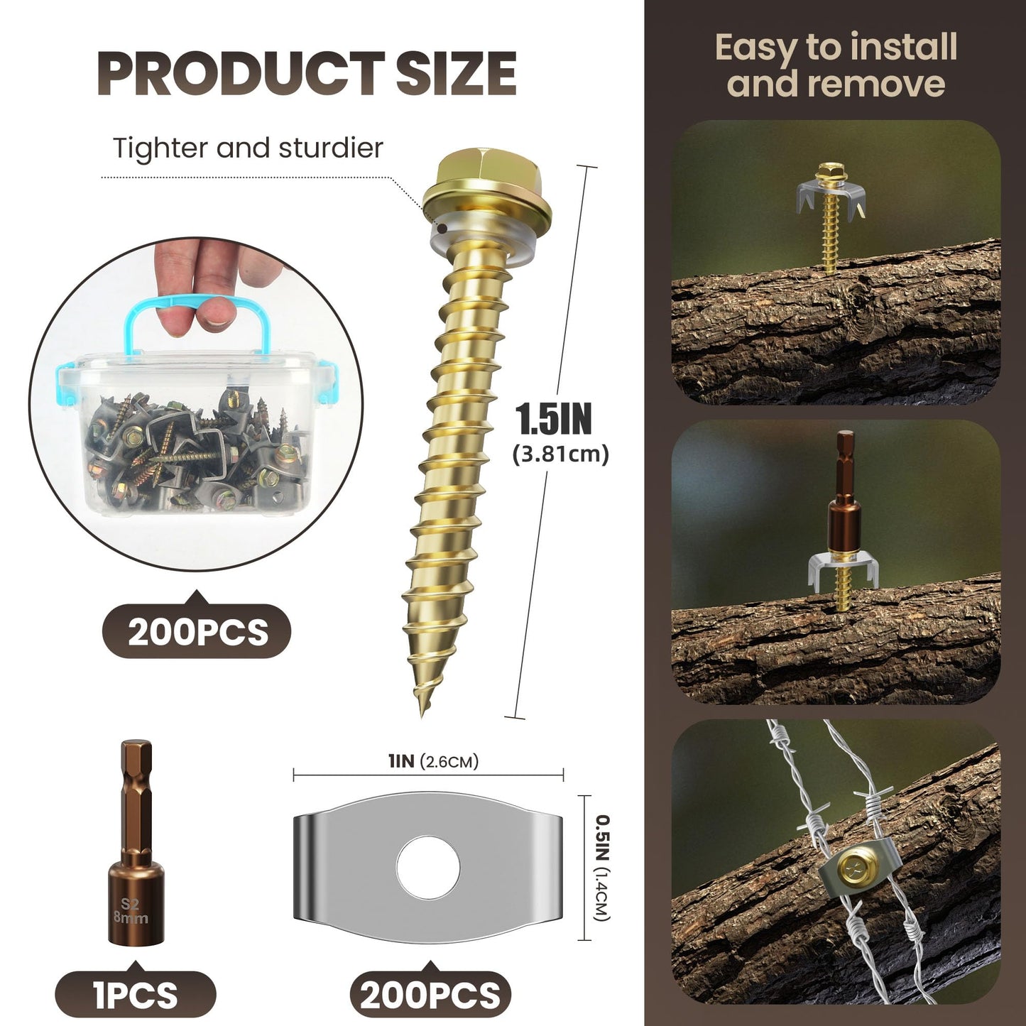 Dabolang 200 PCS Wire Fence Staples with Wire Fixer, Fence Fasteners for Wire Fencing, Fence Post Screws for Softwoods, Reuse/Easy Remove Fence Nails for Mesh and Woven Fencing Repair