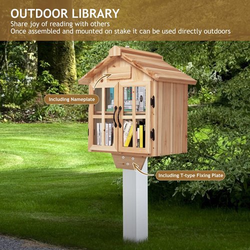 Amcortn Little Library Box Outdoor Free Library Kit, Updated Double Doors Literature Little Library Box, Wood Cabinet Book Storage for DIY Nameplate, Neighborhoods, Community, Schools Sharing Books
