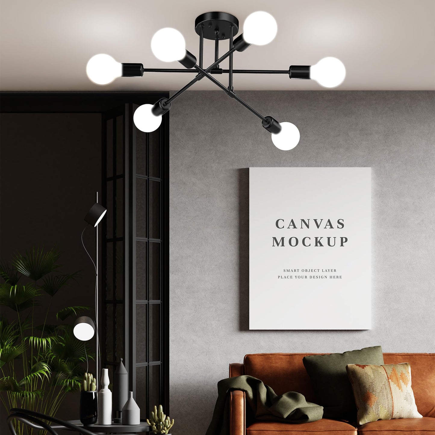 Phaosio Modern Sputnik Chandelier Ceiling Light Fixtures, 6-Lights 22” Mid Century Industrial Metal Semi Flush Mount for Dining Room, Bedroom, Living Room-Black