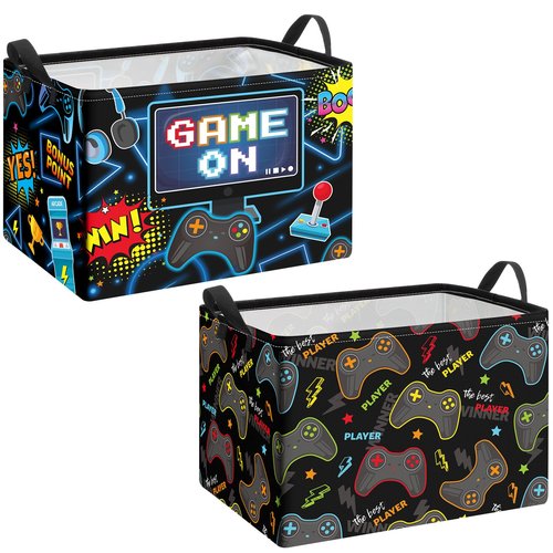 Weysat 2 Pcs Gaming Laundry Basket for Boys Gamer Hamper Video Game Cube Storage Bins with Handles Rectangle Foldable Waterproof Clothes Toys Storage Organizer for Bedroom Bathroom Gamer Room Decor