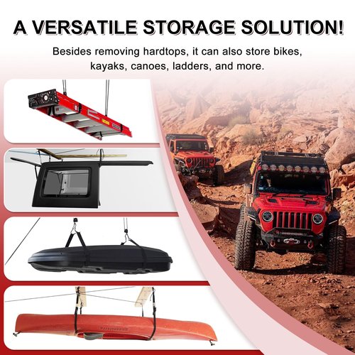 Hardtop Anti-Fall Removal Lift for Jeep Wrangler JL, JK, TJ, and Other Models with Hardtops | Idle Items, Kayak & Attic Hoist | Supports 8-16 ft Ceilings, Comes with 6 T-Knobs, Single-Person Operation