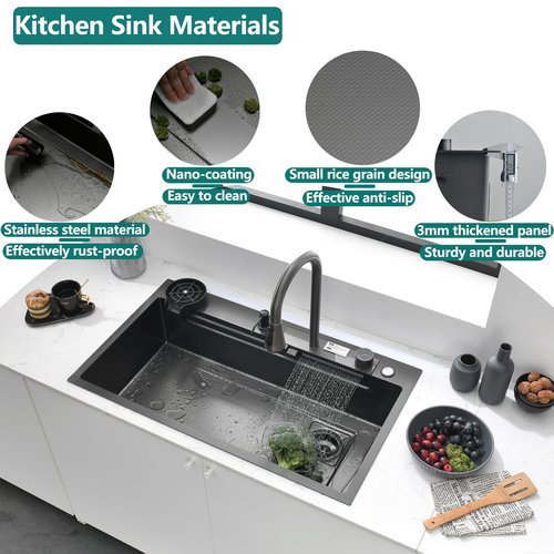 Kitchen Sink Black Luxury Waterfall Kitchen Sinks Modern Multifunctional Stainless Steel Sink With integrated faucet, cup washer, soap dispenser included (Black, 34 * 18in)
