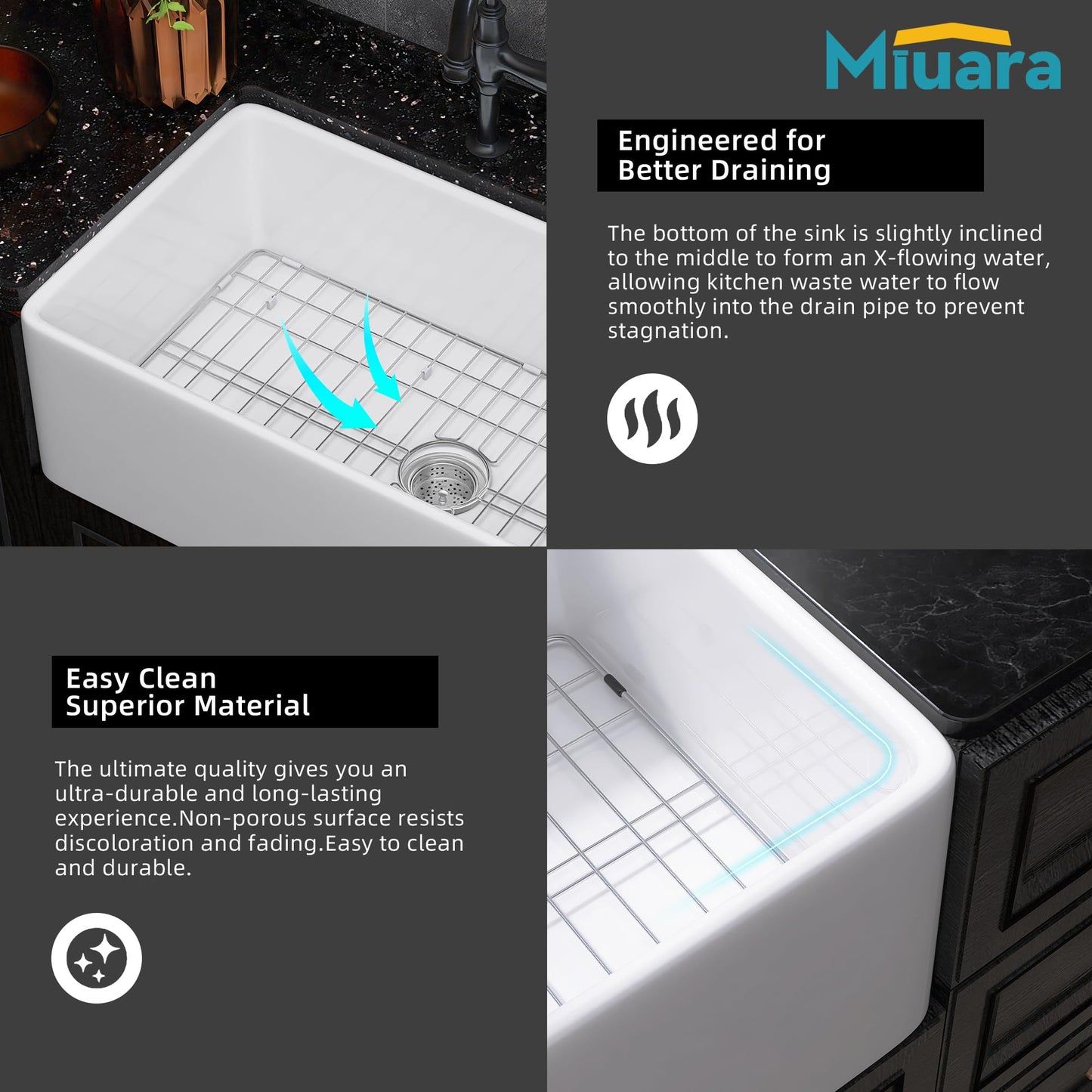 ﻿Miuara Farmhouse Sink 33 Inch - Apron Front Kitchen Sink Reversible 33"x18"x10", Undermount Installation, Farm House Style Single Bowl, Solid Fireclay, Glossy White, for Kitchen