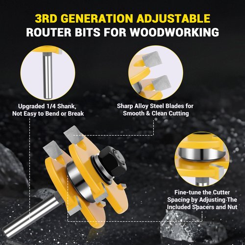 Junreox 2PCS Tongue and Groove Router Bit Set, 3rd Gen. 1/4 Shank Router Bits for 3/4" Stock, 1/2" Cutting Depth, Adjustable 3 Teeth Shaker Cabinet Door Router Bits for Woodworking, Milling, Cutting