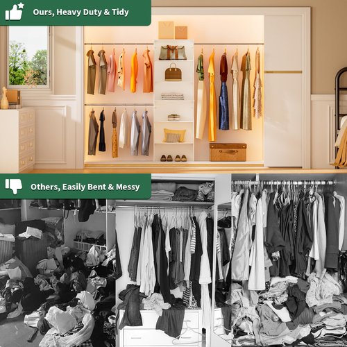ROOMTEC Closet System, 25.5" Wide Wall-Mounted Closet Organizer Kit with Wood Storage Tower and 3 Hanging Rods, Wardrobe Closet System for Walk-In Closets, White