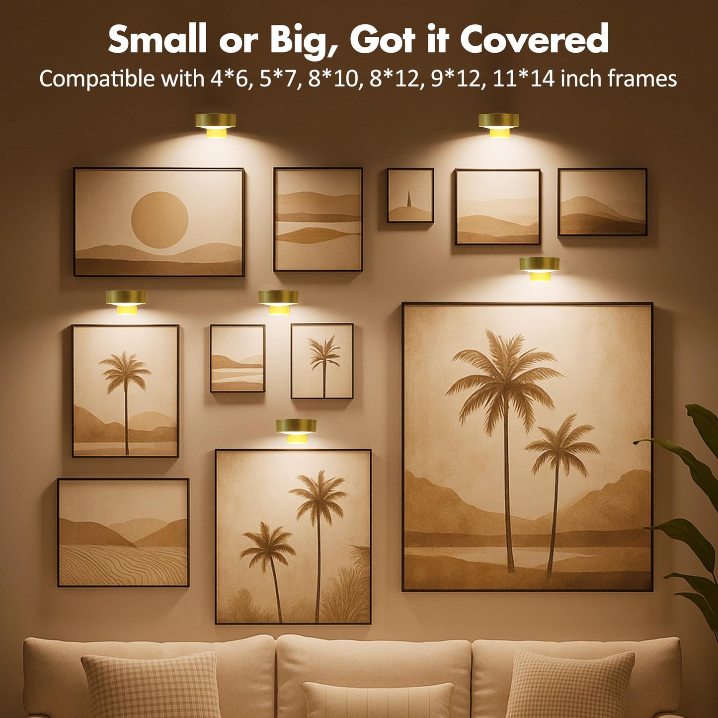 3Pcs Battery Operated Picture Light, Magnetic Led Painting Light with Remote Dimmable and Timer, 3 Lighting Modes Art Display Light for Picture Frame Paintings, Wireless Wall Decor Puck Lights, Gold