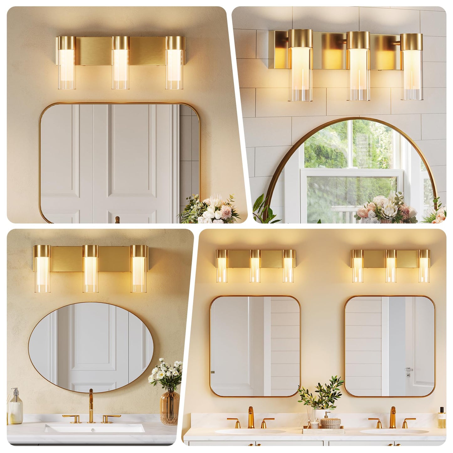 Tribesigns LED Bathroom Light Fixtures, 3-Light Vanity Lights Over Mirror, Wall Lights with 3 Color Modes & Gold Finish, Wall Sconces with Clear Glass Shades for Bathroom Hallway Bedroom
