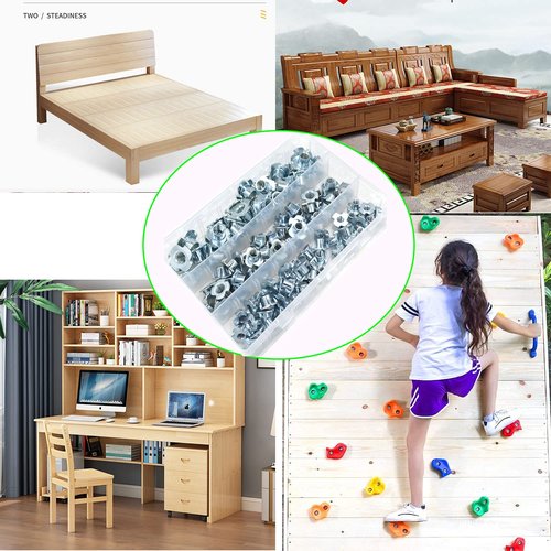 T Nuts 1/4"-20,5/16"-18, 3/8"-16,Hincell 120pcs Zinc Plated Steel T-Nut 4 Pronged Tee Blind Nuts Assortment Kit for Wood, Rock Climbing Holds, Cabinetry, Furniture,etc.