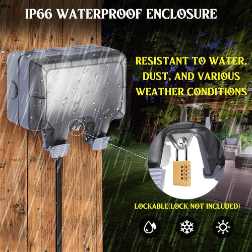 Kanayu 10 ft Outdoor Outlet Box with Extension Cord, Dual 15 AMP 5-15 Receptacles Weatherproof Waterproof IP66 Outdoor Exterior Socket with Cover, 14 AWG/3C SJTW Cord