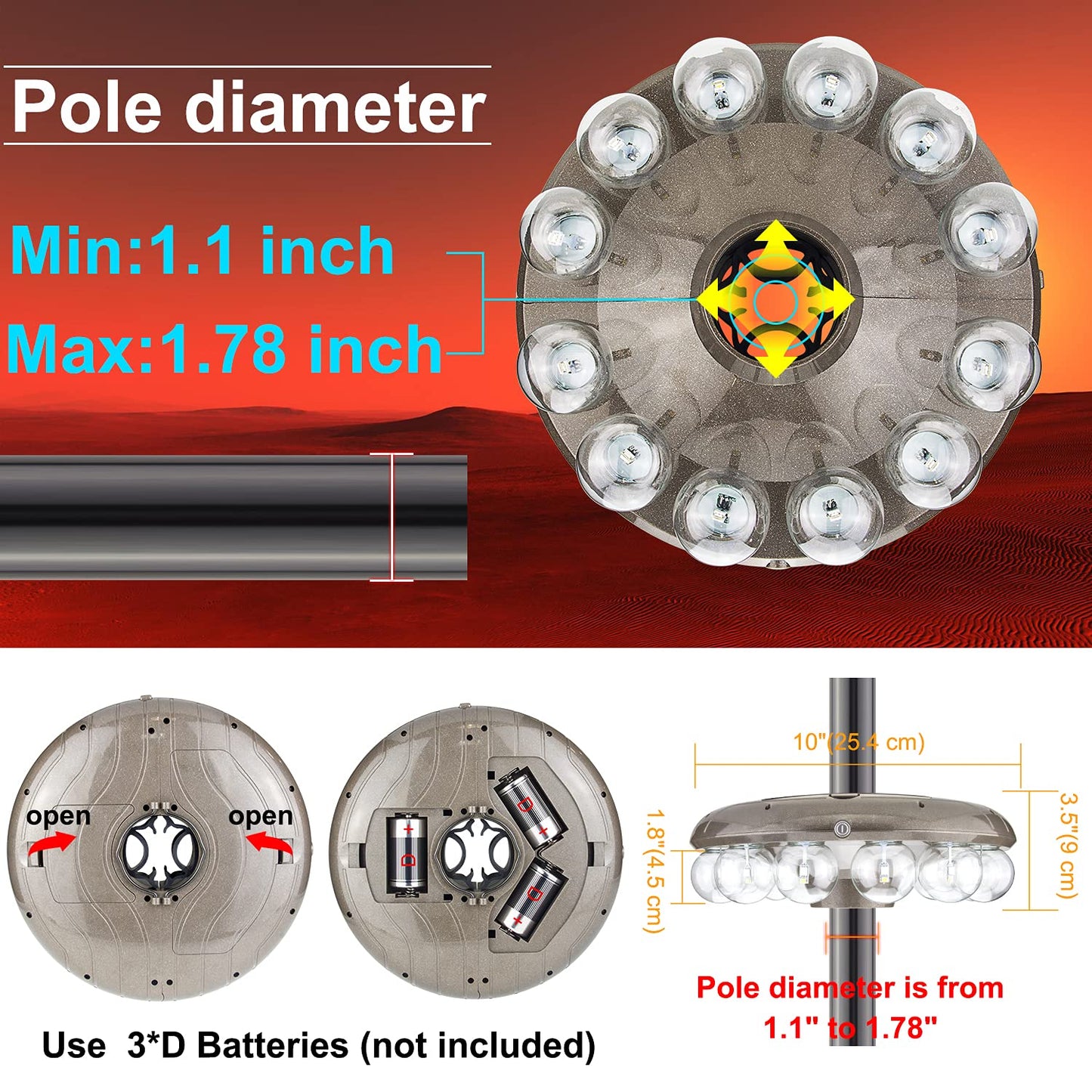 HONWELL Patio Umbrella Light, 3xD Battery Operated Umbrella Pole Light with RF Remote 80Ft Through Wall, 12 Bulb 48 LEDs,4 Modes, 12 Color Changing Outdoor Camping Light with Hanging Ring for Umbrella