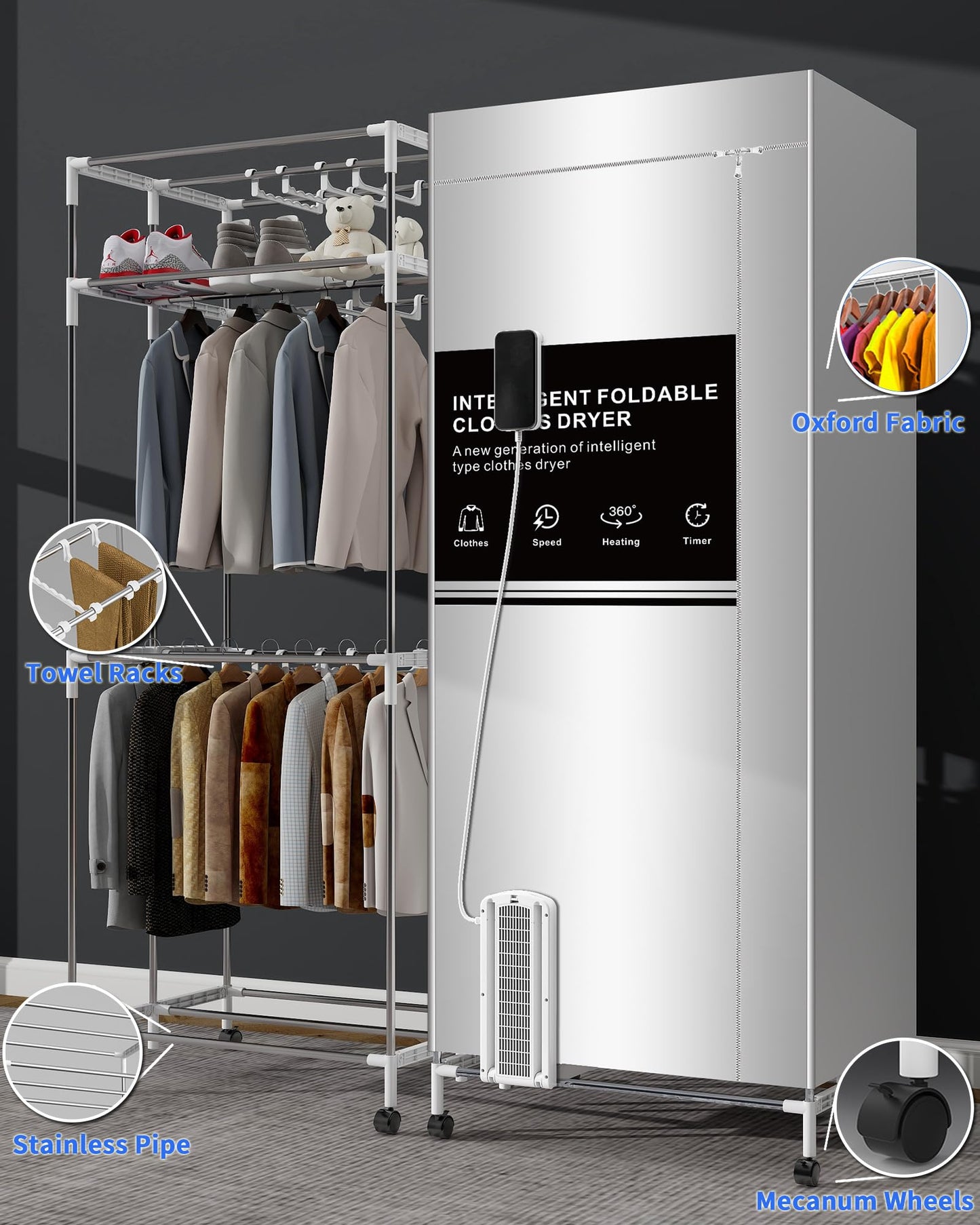 KASYDoFF Portable Clothes Dryer, 110V -1600W Portable Dryer for Apartment, 67Inch -3 Tier Foldable Clothes Dryers Rack, Energy Saving Portable Dryer for Indoor, Travel, RV