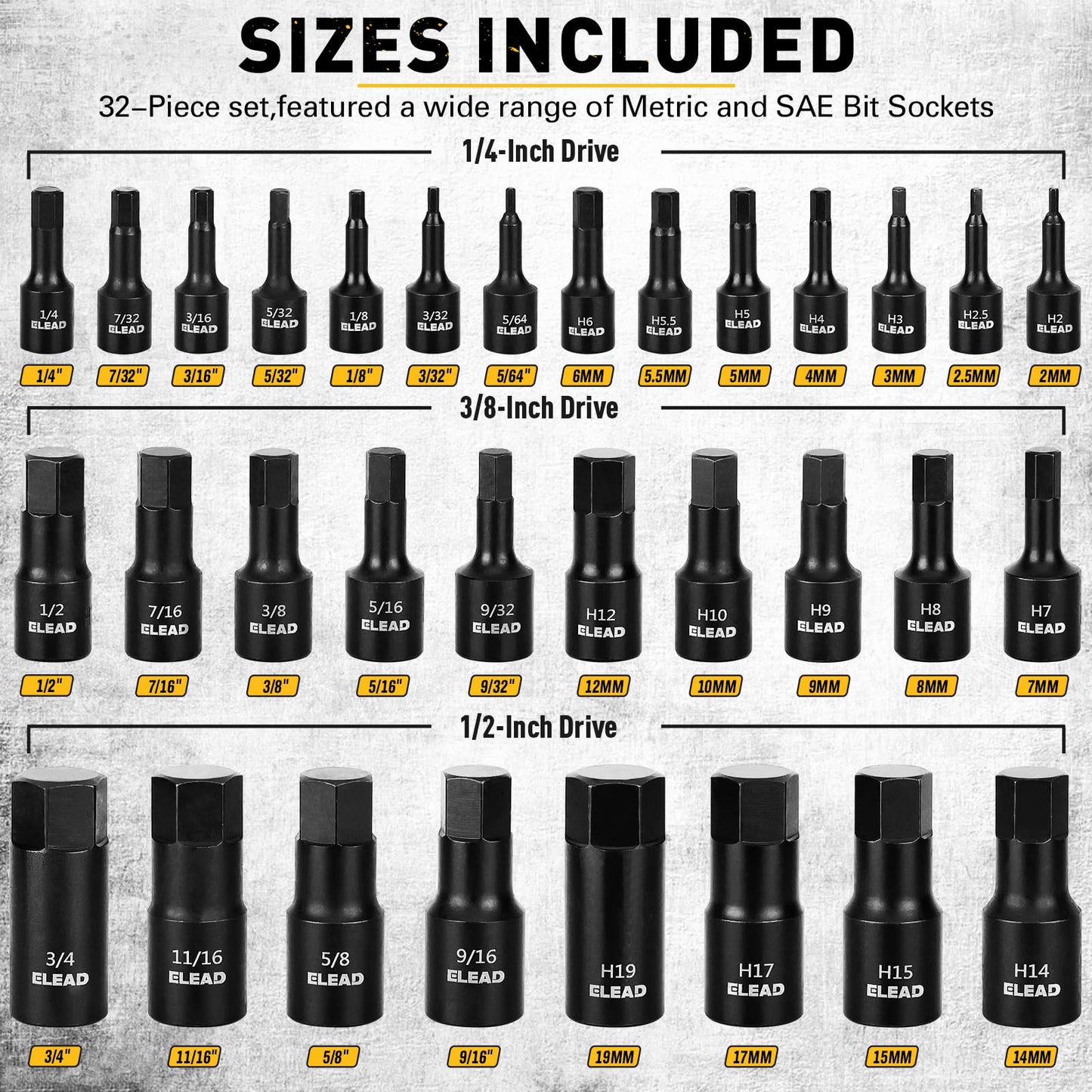 Hex Bit Impact Socket Set: 36-Piece with 4 Adapters, 1/4", 3/8", 1/2"Drive Master Allen Socket Set, Cr-V Steel, SAE and Metric, H5-H19 & 3/4"-5/64", Reinforced Storage Case, Automotive Mechanic