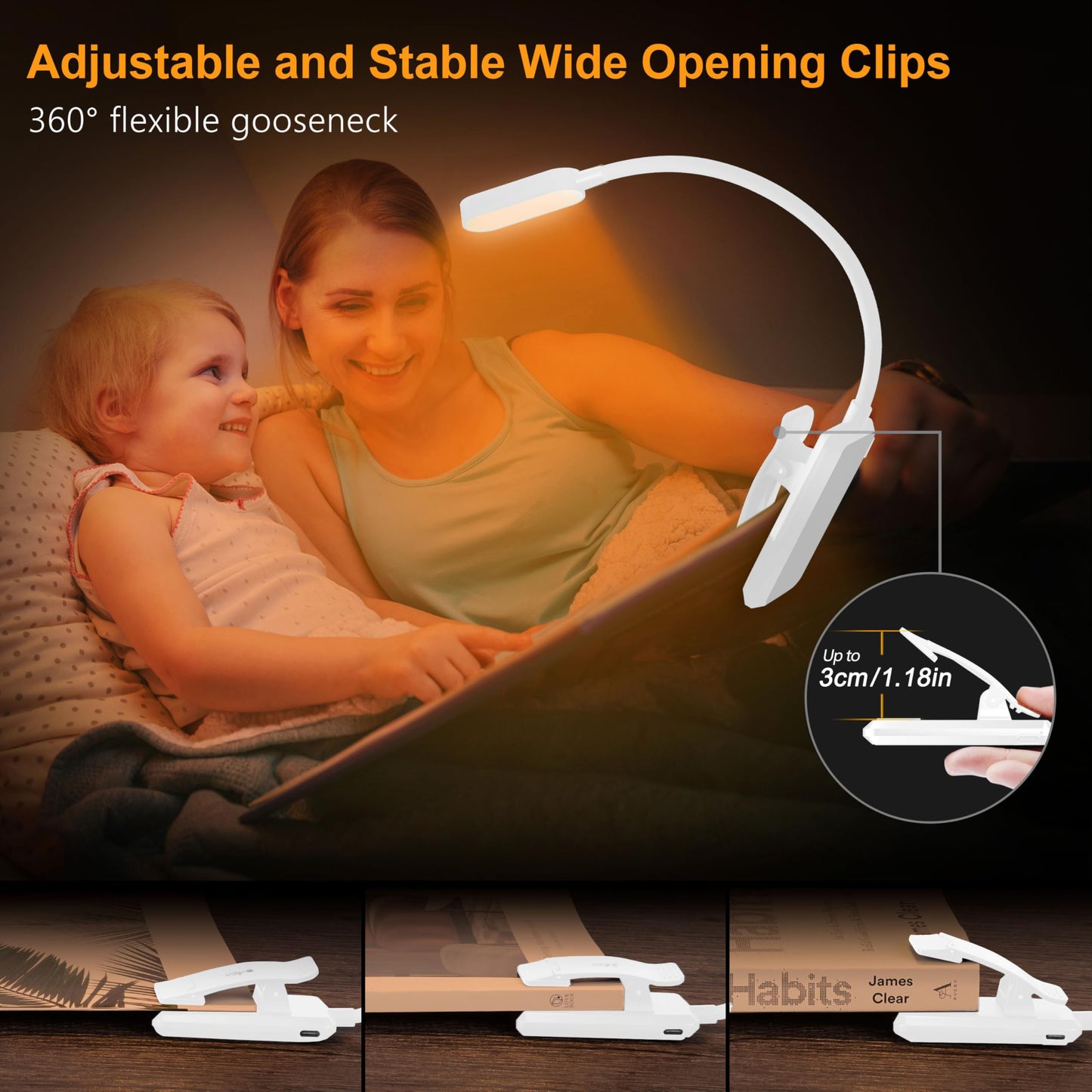 Gritin 16 LED Rechargeable Book Light for Reading in Bed- Eye Caring 3 Color Temperatures, Stepless Dimming Brightness, 80 Hrs Runtime, Lightweight Flexible Clip on Light for Book Lovers-White