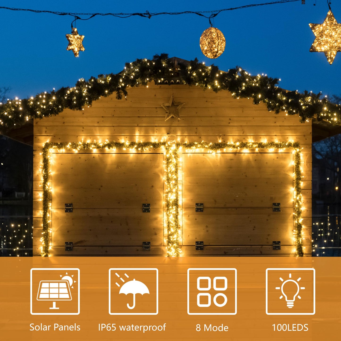 Flechllary Solar String Lights Outdoor Waterproof，39Ft 100 LED Solar String Lights with 8 Modes ，Solar Christmas Lights Outdoor for Yard, Fence, Balcony, Party,Christmas Tree Decorations (Warm White)