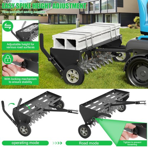 Doniks 40-Inch Tow Behind Plug Aerator with Transport Wheels, Lawn Aerator Tow Behind with Galvanised Steel Tines and Extra-Wide Tow Bar, Pull Behind Aerator for Gardens, Lawns, Farms