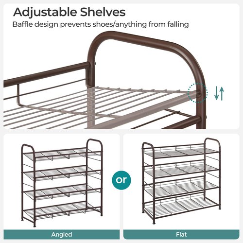 SONGMICS Stackable Shoe Rack, 4 Tier Metal Shoes Rack Storage Shelf, Holds up to 20 Pairs Shoes, Adjustable Slanted Shelves Tower Organizer for Closet Entryway Small Spaces, Bronze