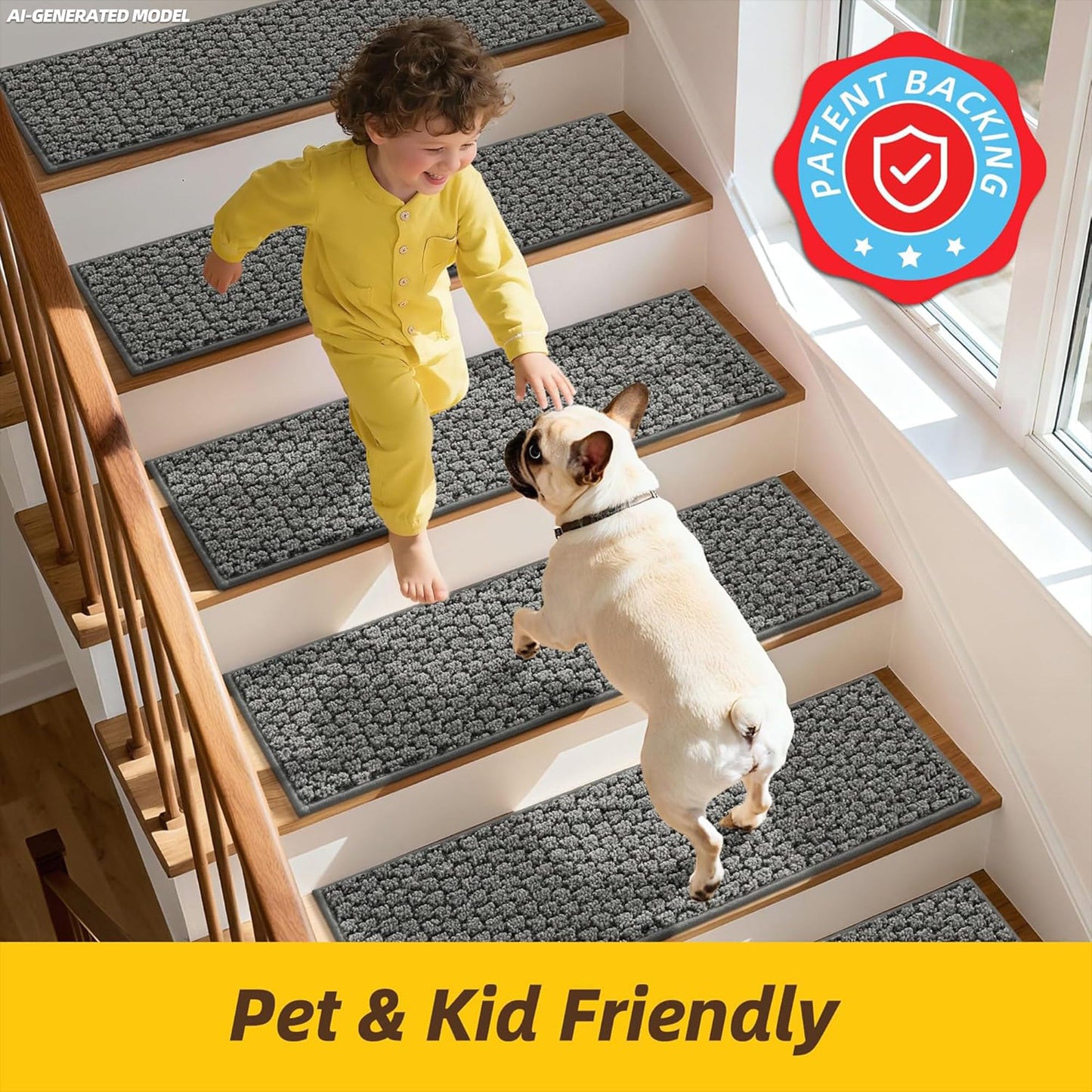 JSEI Stair Treads for Wooden Steps Indoor, Non-Slip Washable Carpet Stair Treads with TPE Backing, Stair Step Mats for Wood Stairs, 14 Pack, 9" x 28", Light Grey
