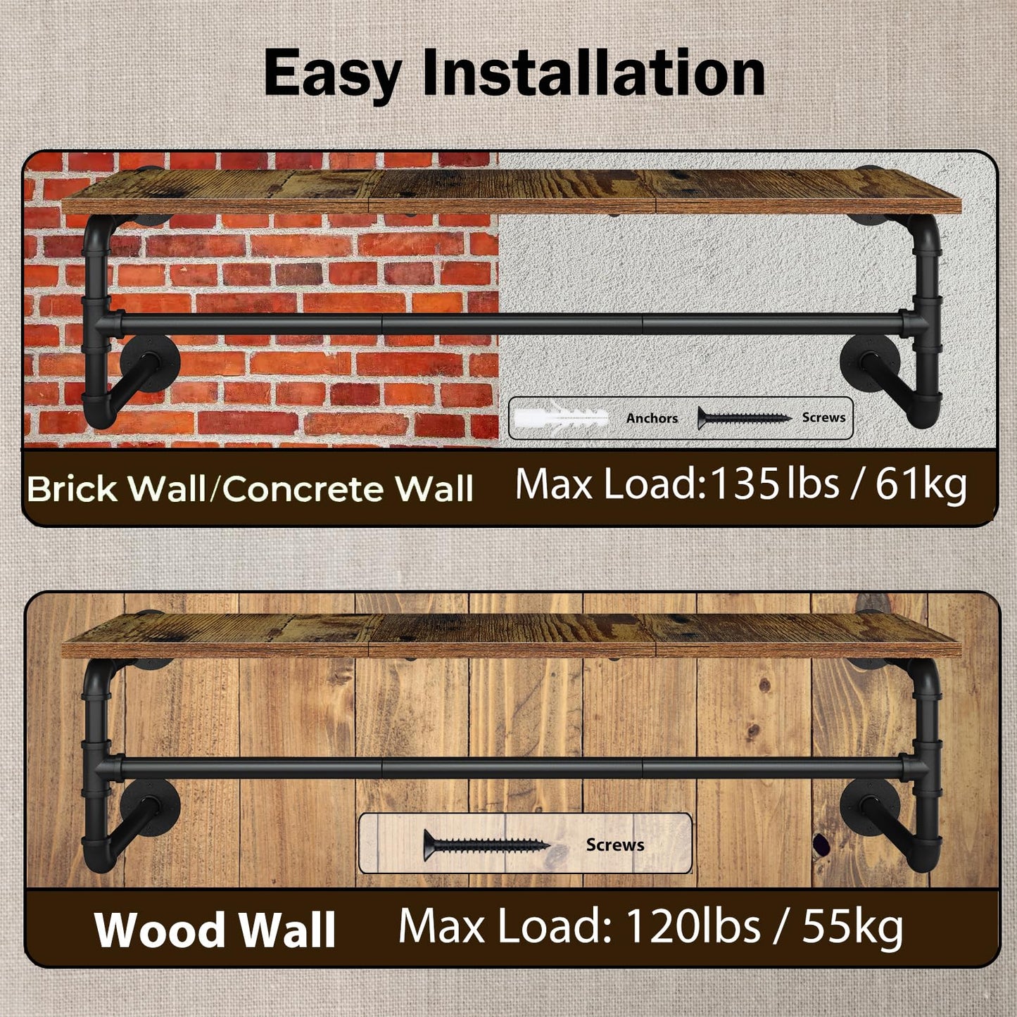 UlSpeed Clothes Rack with Top Shelf, 42.3in Industrial Pipe Wall Mounted Garment Rack, Space-Saving Display Hanging Clothes Rack, Heavy Duty Detachable Multi-Purpose Hanging Rod for Closet Storage