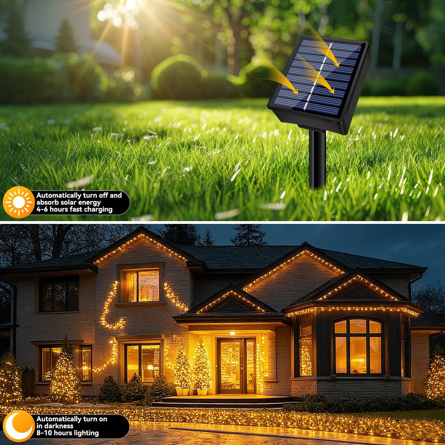 Solar String Lights Outdoor Waterproof 2 Pack Total 66ft 200LED 8 Modes Twinkle Lights Solar Fairy Lights for Patio, Garden Yard Party Wedding Tree Christmas Halloween Decoration, Warm White