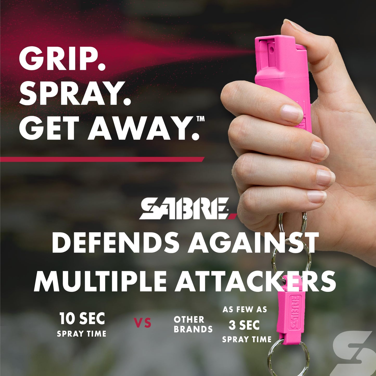 SABRE Defense Spray, 3-in-1 Formula Contains Max Strength Pepper Spray, CS Military Tear Gas & UV Marking Dye, Quick Release Key Ring for Easy Carry, Finger Grip for More Accurate Aim, 0.54 fl oz