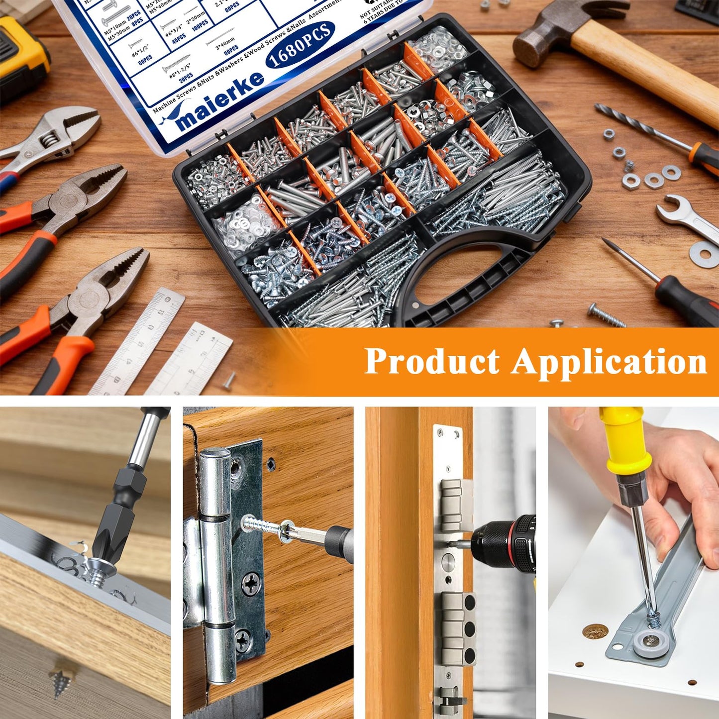 maierke 1680 PCS High Hardness Screw Bolts and Nuts & Nails & Wood Screws Assortment Kit,M3/M4/M5/M6 Machine Screws,Small Nails,#6#8 Drywall Screw Set for Picture Hanging and DIY (Length 1/2 to 2")