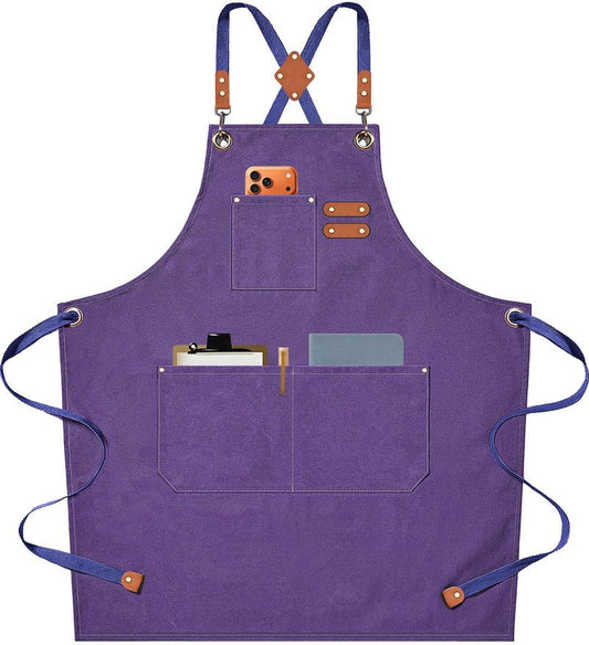 AFUN Chef Aprons for Men Women with Oversized Pockets, 16-Ounce Cotton Canvas Cross Back Heavy Duty Work Apron (Purple)