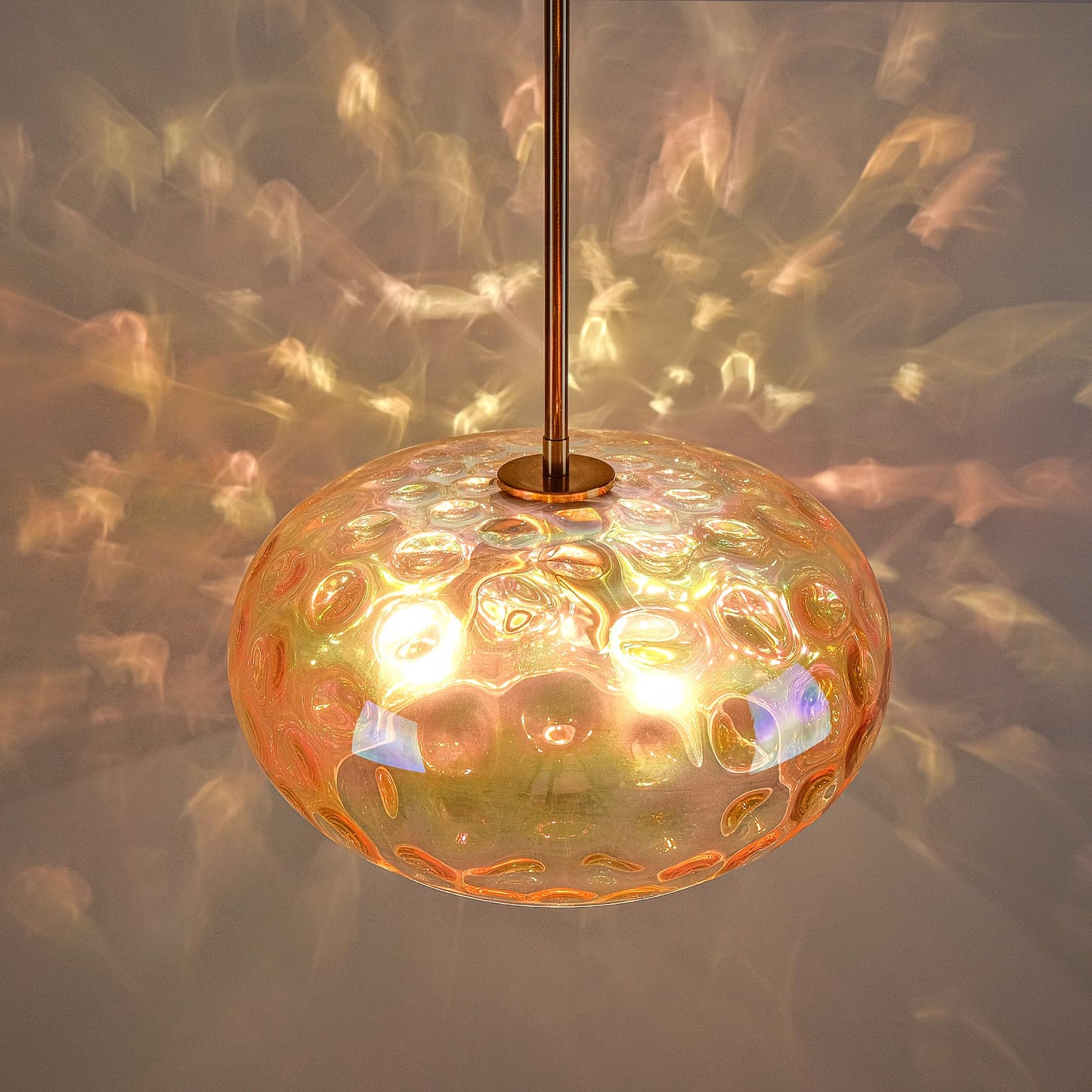 Wrlmfy Large Glass Pendant Lighting, Hammered Lampshade Chandelier with Height Adjustable Hanging Rods, Brass Gold Chandelier for Dining Living Room Kitchen Island (Colorful Deep Amber, 14 Inch)