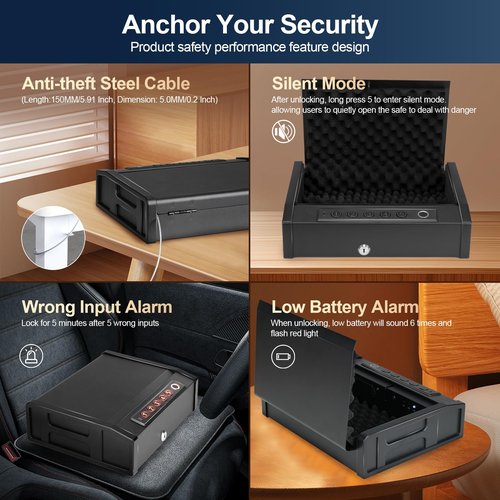 Biometric Gun Safe for Handguns - Quick Access Fingerprint Safe with Backlit Keypad, Interior Light, Secure Pistol Lock Box for Nightstand & Car