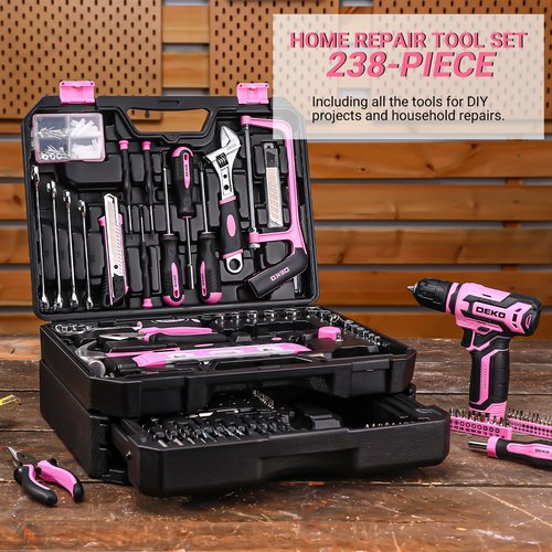 Pink Tool Kit Box Drill Set：DEKOPRO Home Mechanic Toolbox with 12V Power Cordless Drill Hand Repair Tools Sets Combo Kits Storage Organizer Drawer Case for Men & Women