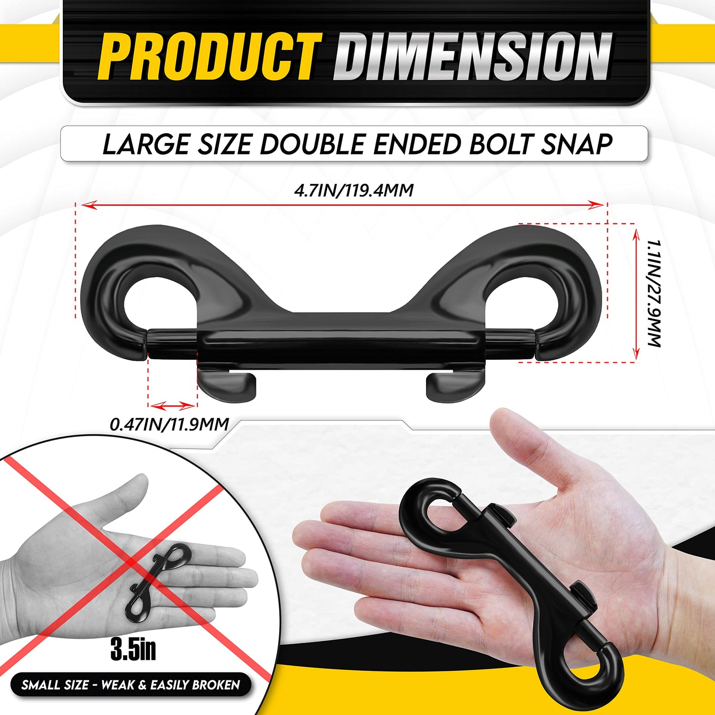 [Extra Durable] 4.7” Double Ended Bolt Snaps Hooks 220LBS Weight Capacity, Heavy-Duty & Rust-Resistant Zinc Alloy Double Sided Clips, Best for Dog Leashes, Awnings, Sports Equipment, Boating (2 Pack)