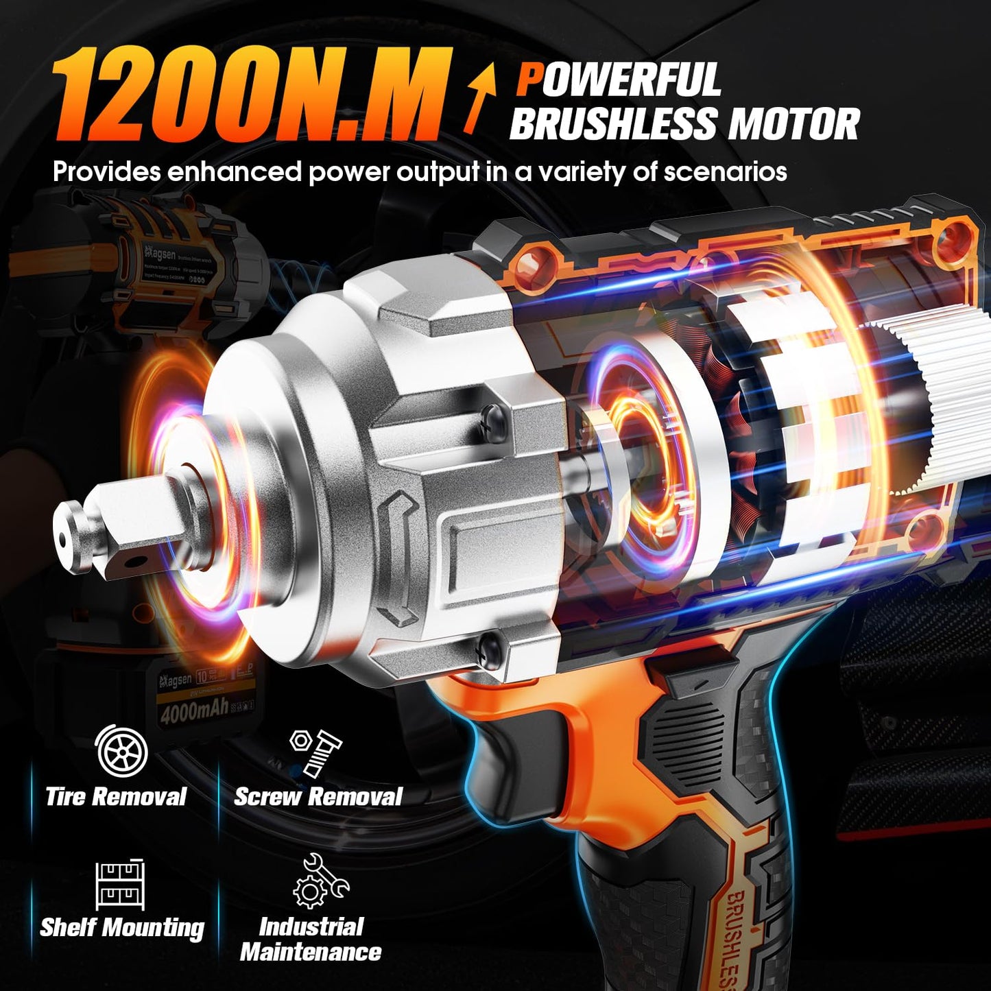 MAGSEN Cordless Impact Wrench 1/2 inch, High Torque 900Ft-lbs (1200N.m) Brushless Impact Gun,3800RPM,2x4.0 Battery, 6 Sockets,LED Work Light,Electric Impact Motor Variable Speeds for Car/Mower/Pickup