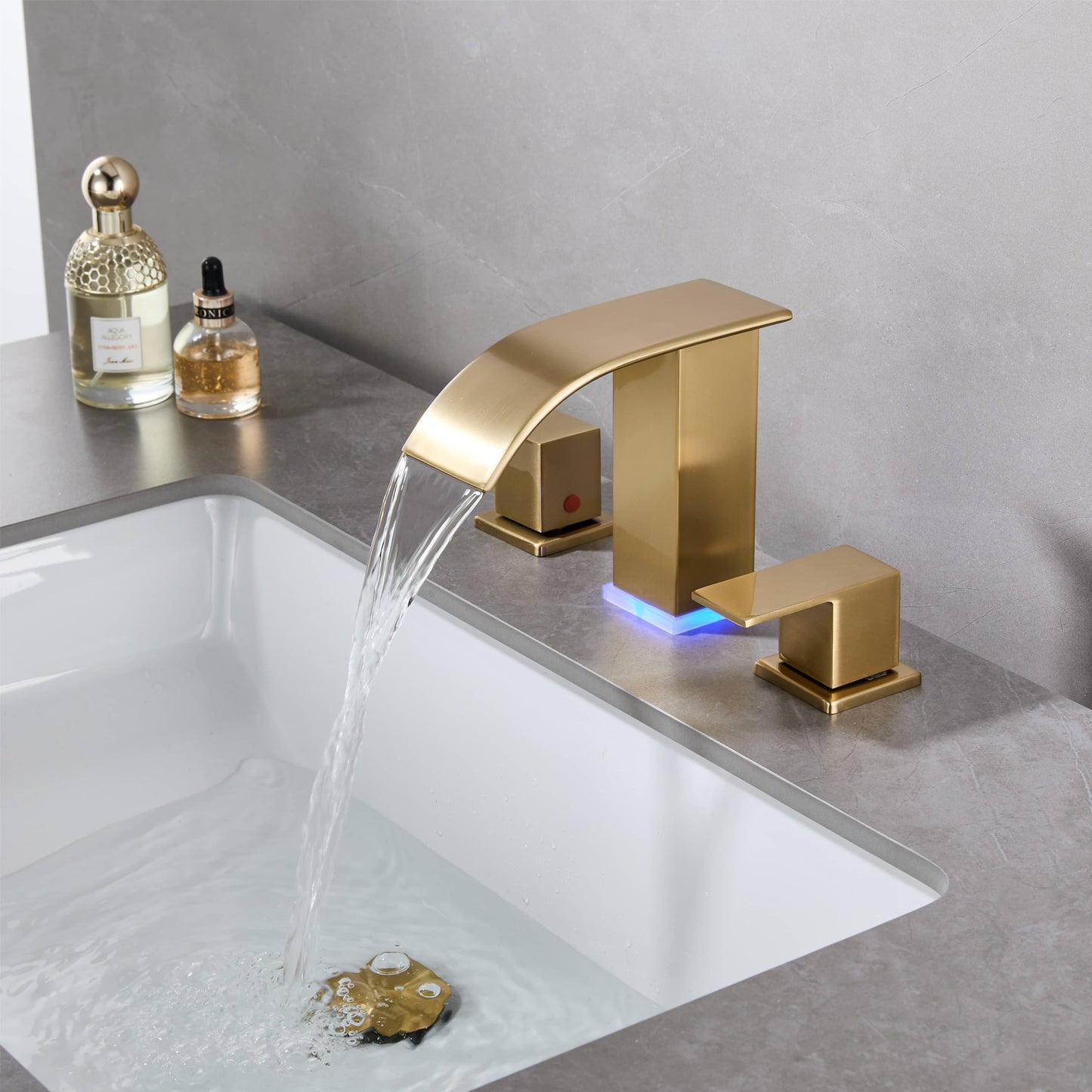 Brushed Gold Bathroom Faucet 3 Hole Widespread Waterfall Vanity Faucet for Bathroom Sink, Modern Touch on Two Handle Gold Faucet (Brushed Gold)