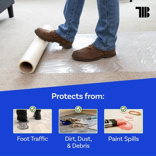 TapeManBlue Carpet Protection Film 24" x 200' roll. Made in The USA. Easy Unwind, Clean Removal, Strong and Durable Plastic Carpet Protector. Clear, Self-Adhesive Surface Protective Film