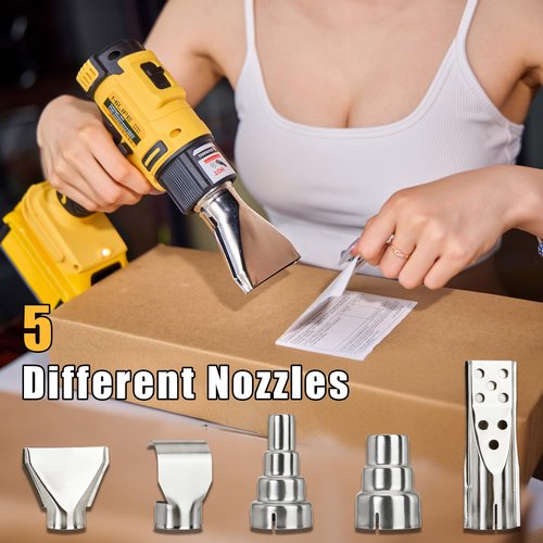 HILIPE Cordless Heat Gun for DeWALT 20v Battery,Lithium Hot Air Gun, 5 Nozzle Attachments,2-Temp Setting Max 1022°F(550°C),Heat Gun for Shrink Wrapping, Tube Bending (Tool Only, NO Battery)