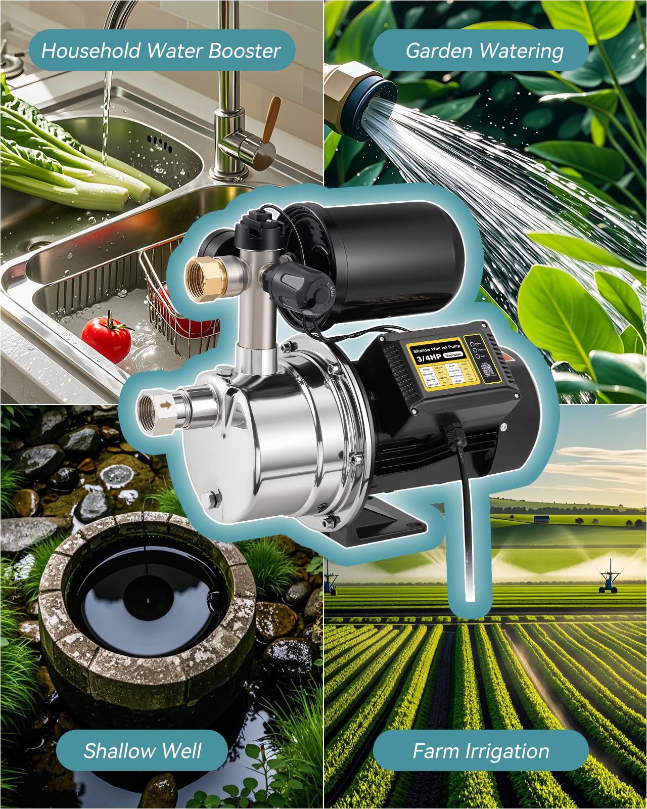 Moonshan 3/4 HP Water Pressure Booster Pump for Home 1050GPH Shallow Well Jet Pump with Pressure Tank Auto ON/OFF Stainless Steel Self-Priming System Pressure Switch for Whole House, Garden, Lawn