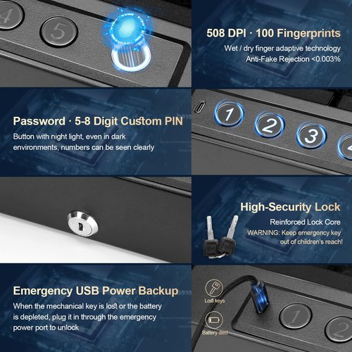 Biometric Gun Safe for Handguns - Quick Access Fingerprint Safe with Backlit Keypad, Interior Light, Secure Pistol Lock Box for Nightstand & Car