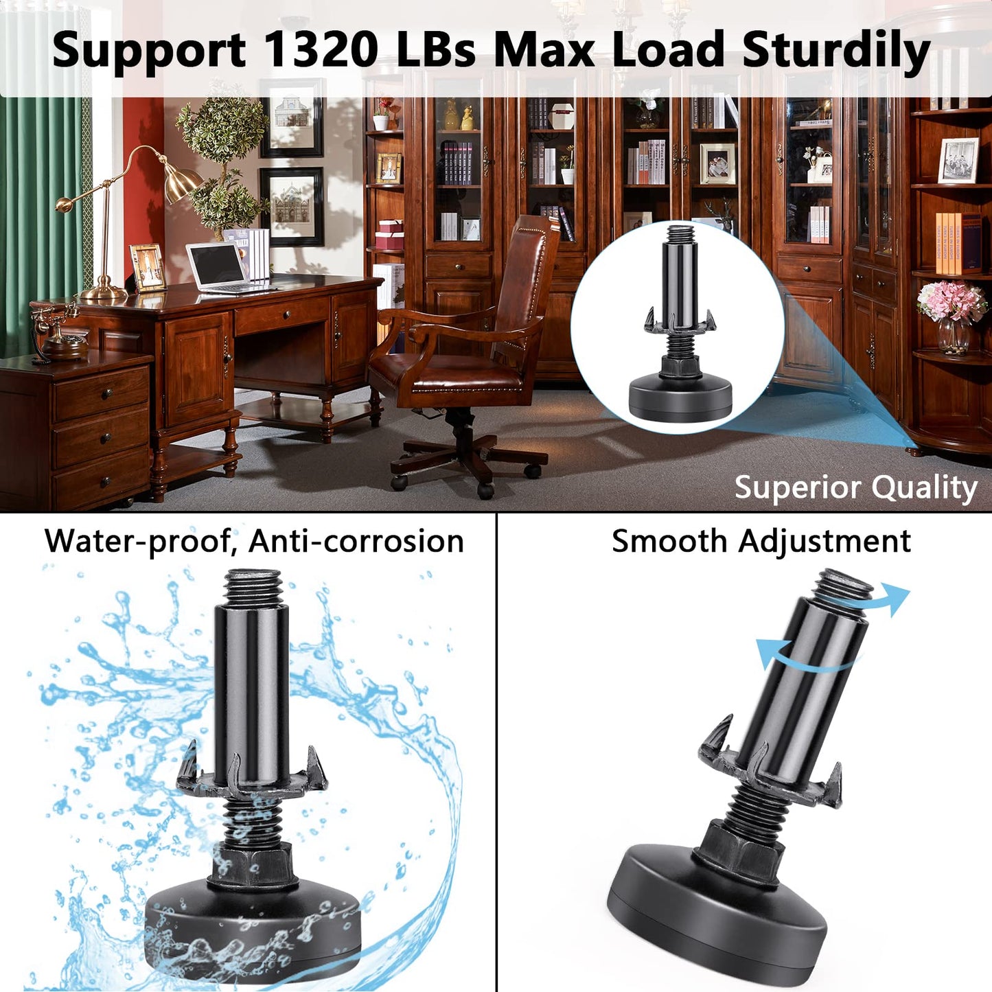 Heavy Duty Furniture Leveling Feet M10 Thread Furniture Levelers Adjustable Furniture Feet w/ T-nut Kit Table Levelers for Cabinet Workbench Chair Sofa and More,Large Base Supports 1320LBs-4 Packs