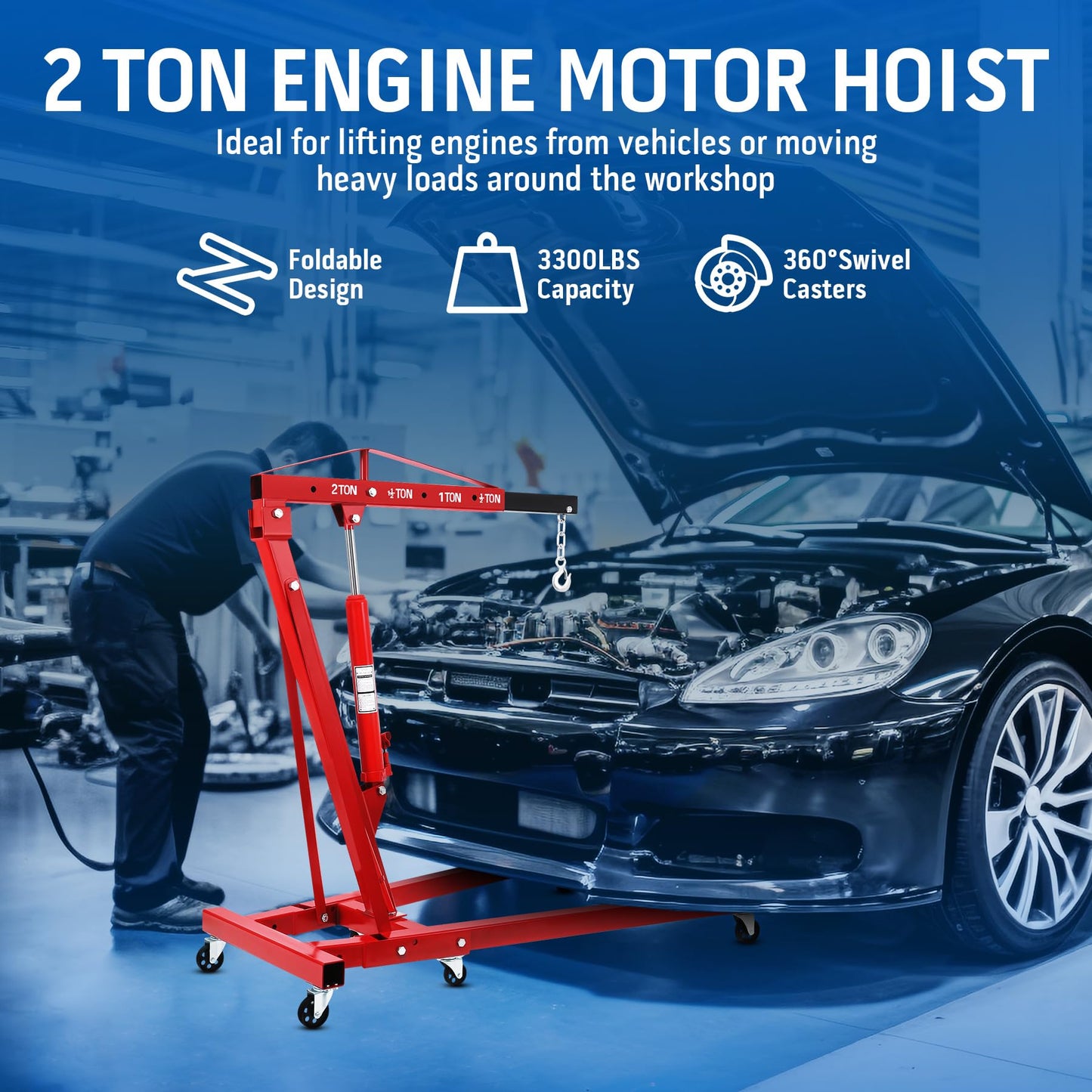 H-YEEU Hydraulic Engine Crane Hoist, 2 Ton Folding Motor Hoist Cherry Picker Heavy Duty Steel 4400lbs Lifting with 6 Casters for Garage Workshop(Red)