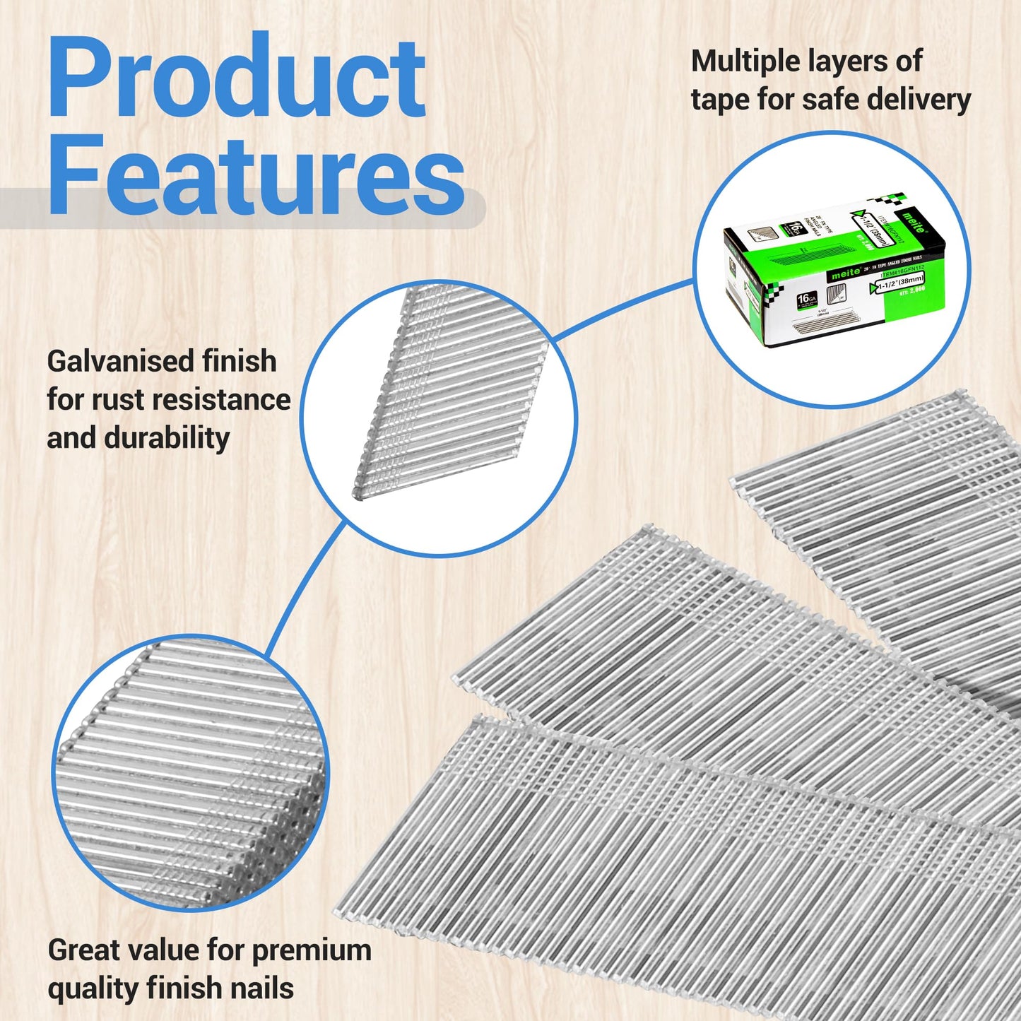 meite 16 Gauge 20 Degree Angled Finish Nails 1-1/2 Inch Leg Galvanized No-rust Finishing Nails for Finish Nailer Gun - Cabinet Crown Baseboard 4,000PCS