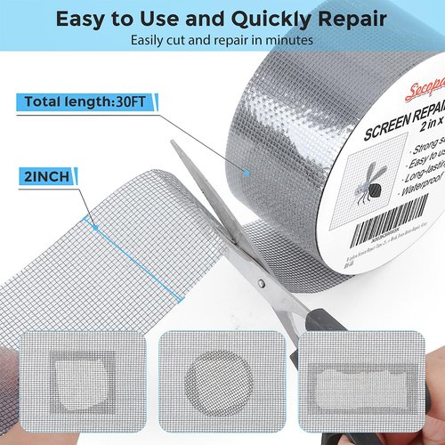 Secopad Grey Window Screen Repair Tape, 2IN X 30FT (360IN) Screen Repair Kit for Windows or Doors, Strong Adhesive Patch Kit Fiberglass Mesh Tape